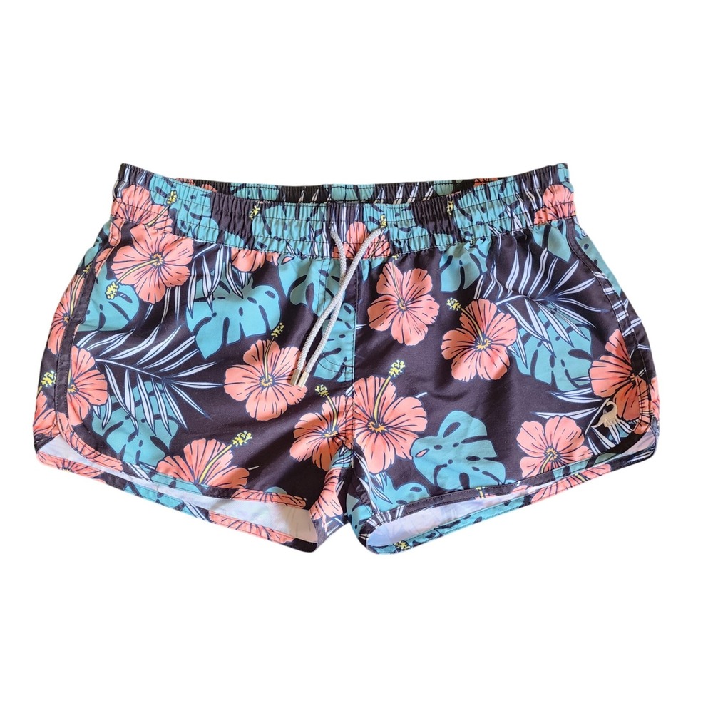 SurfCuz Womens Swim Shorts Black Tropical Floral Dinosaur Board Shorts Large